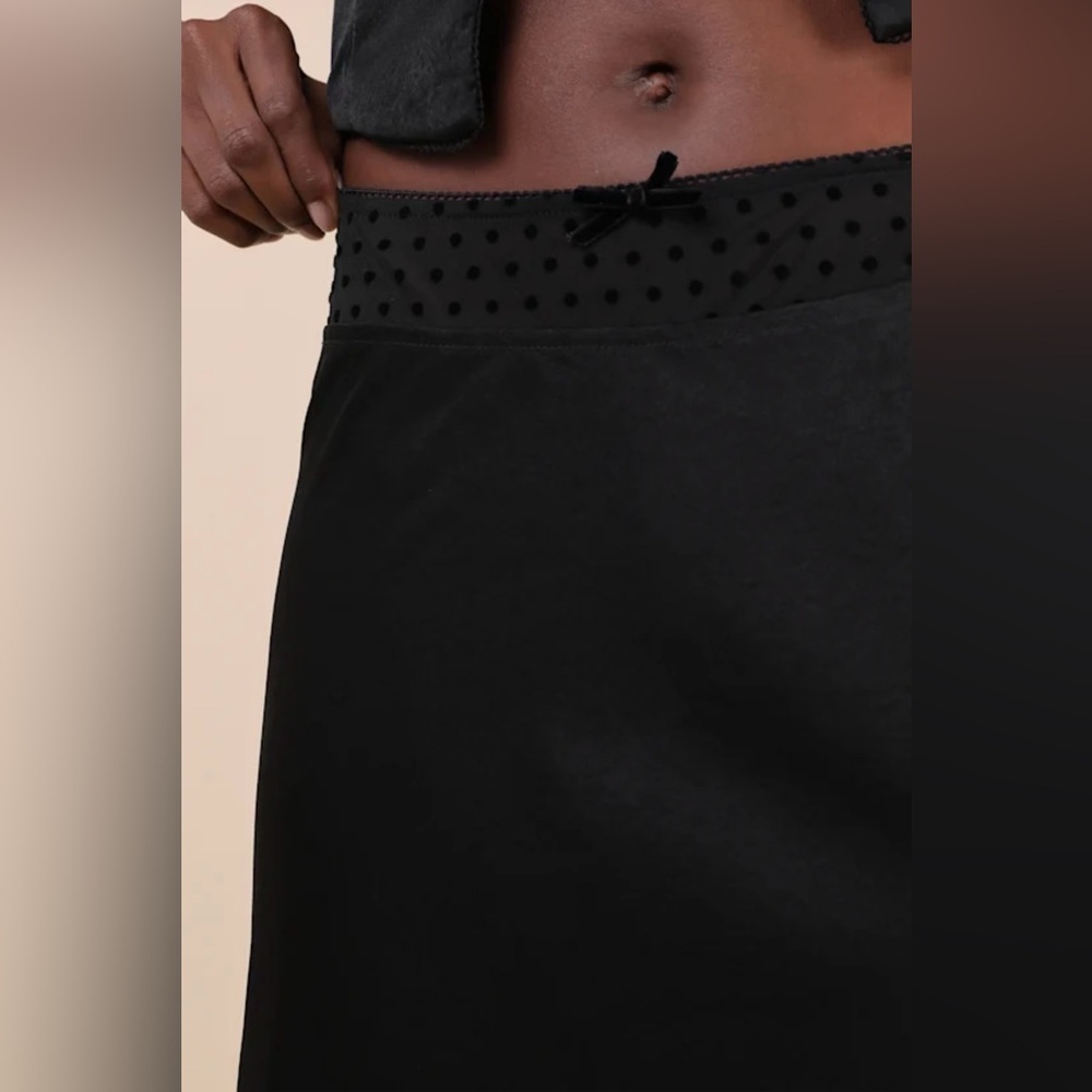 NWT Lulus Mira Black Satin Polka Dot Mesh Midi Skirt - Picture 3 of 6